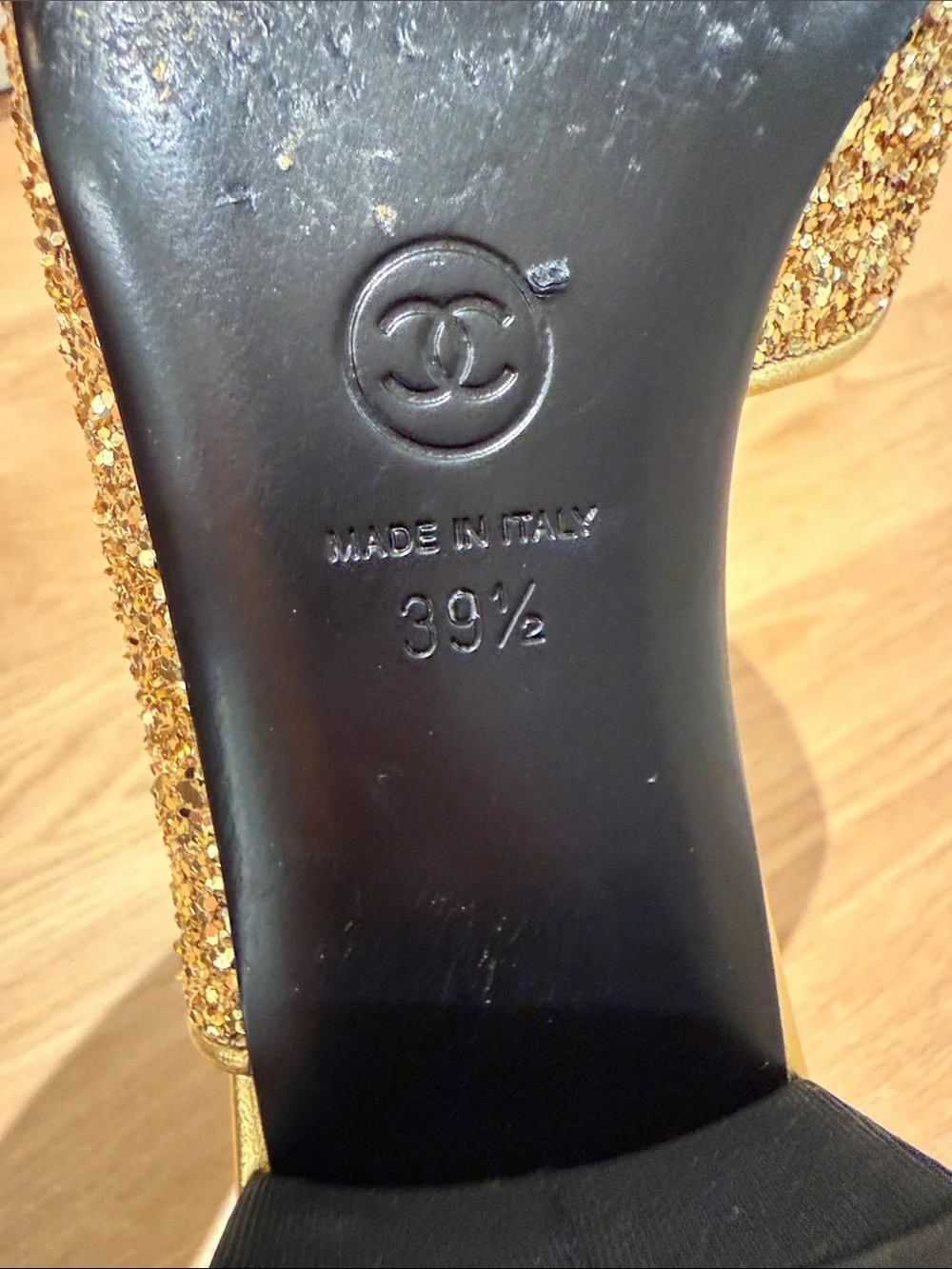 CHANEL Gold Glitter Slingback Mules with Black Cap Toe